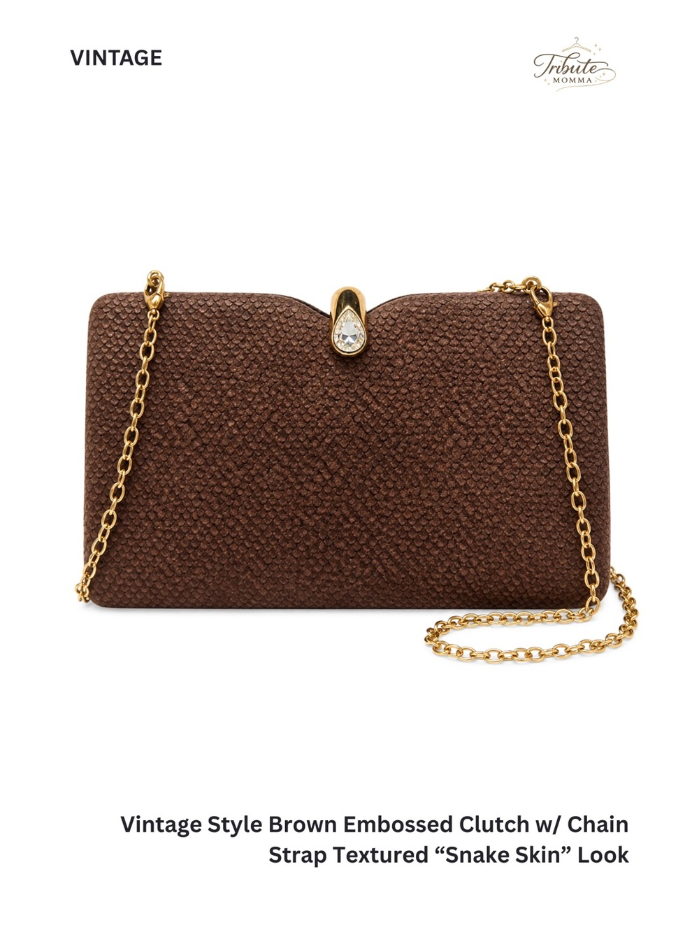 Vintage Style Brown Embossed Clutch w/ Chain Strap Textured “Snake Skin” Look